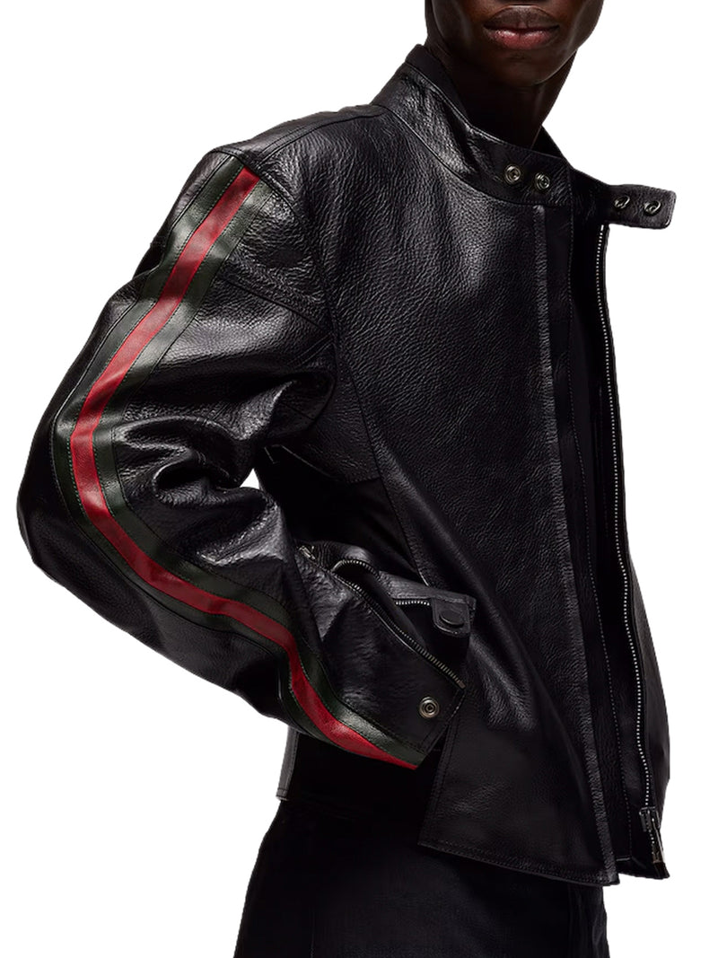 LEATHER BIKER JACKET WITH WEB DETAIL