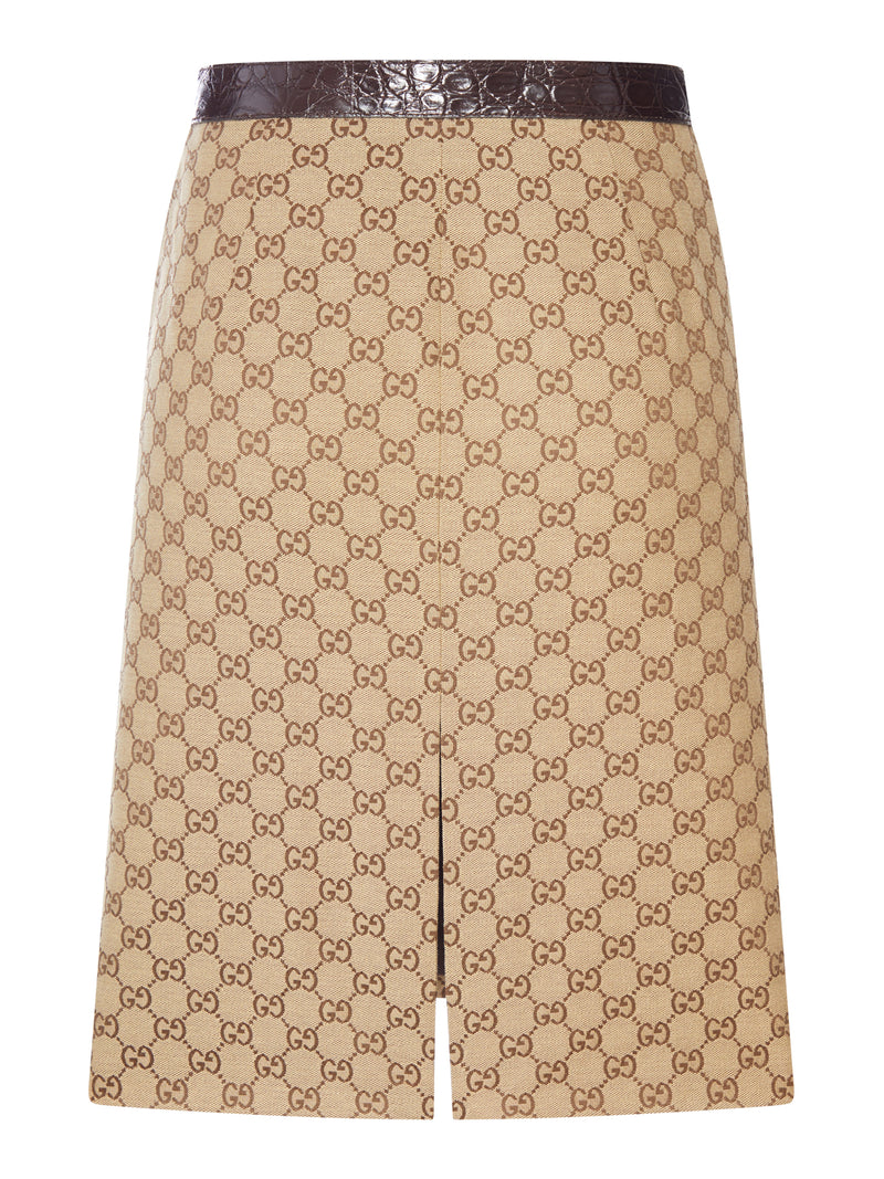 GG CANVAS MIDI SKIRT WITH CAIMAN LEATHER INSERTS