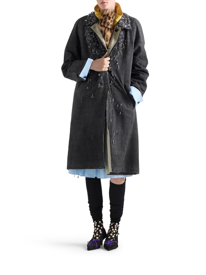 SINGLE-BREASTED OVERCOAT IN MOULINÉ PRINCE OF WALES CHECK AND EMBROIDERED TWILL