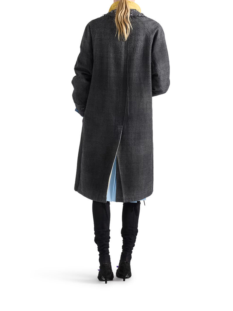SINGLE-BREASTED OVERCOAT IN MOULINÉ PRINCE OF WALES CHECK AND EMBROIDERED TWILL