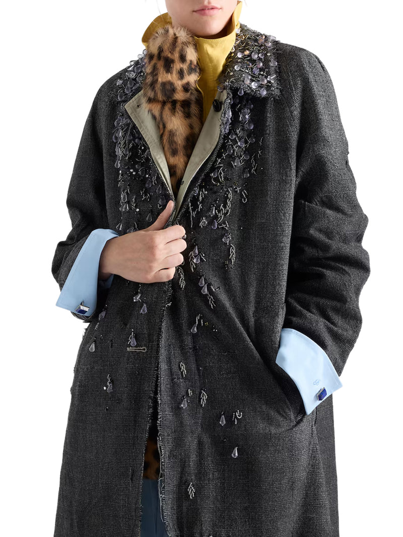 SINGLE-BREASTED OVERCOAT IN MOULINÉ PRINCE OF WALES CHECK AND EMBROIDERED TWILL