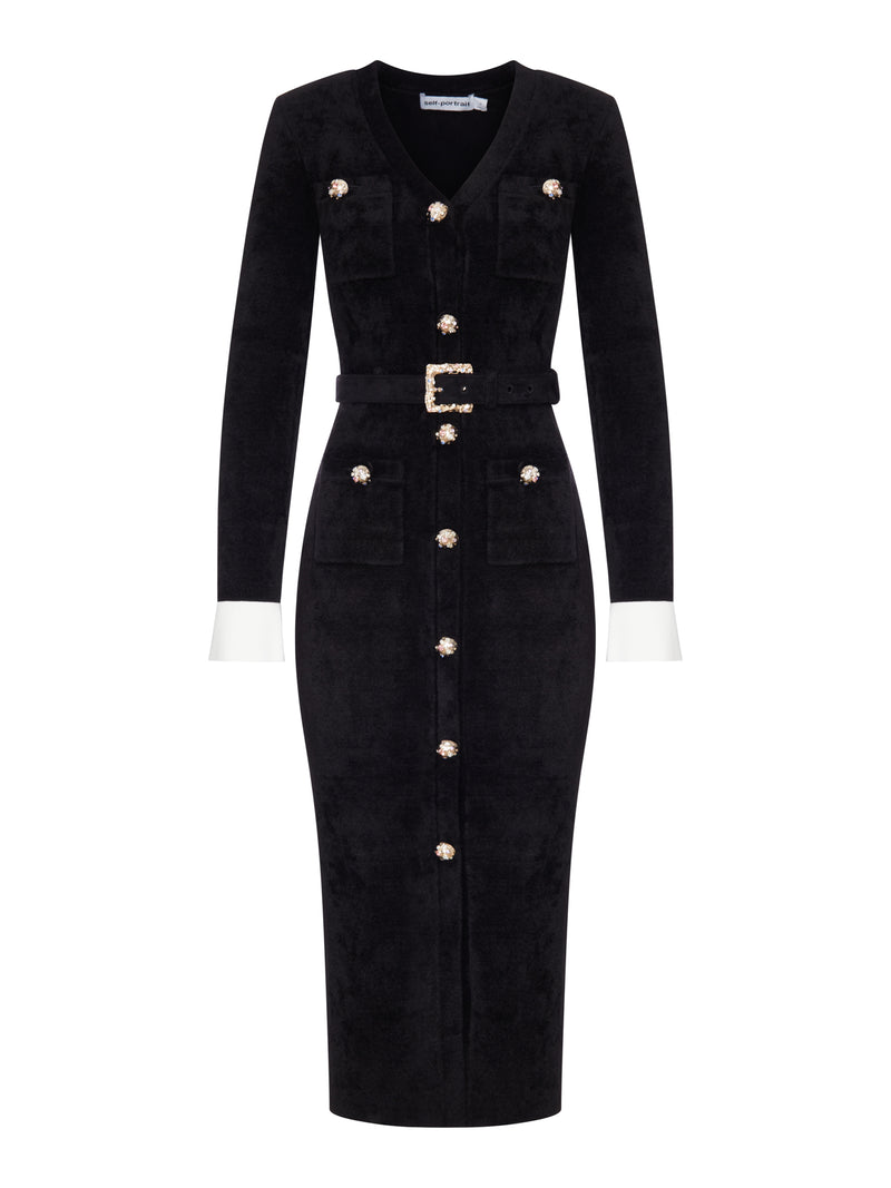 VELVET MIDI DRESS WITH JEWEL BUTTONS AND BELT
