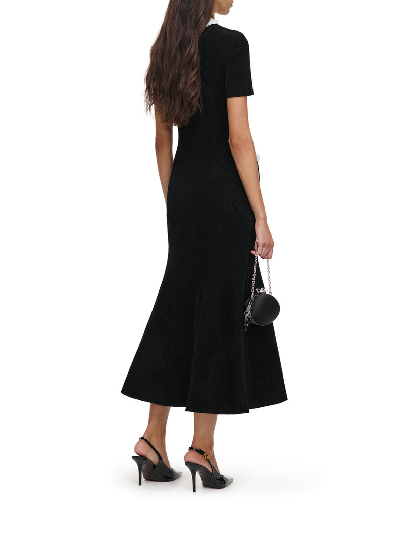 LONG RIBBED KNIT DRESS WITH CONTRASTING FLORAL PROFILES