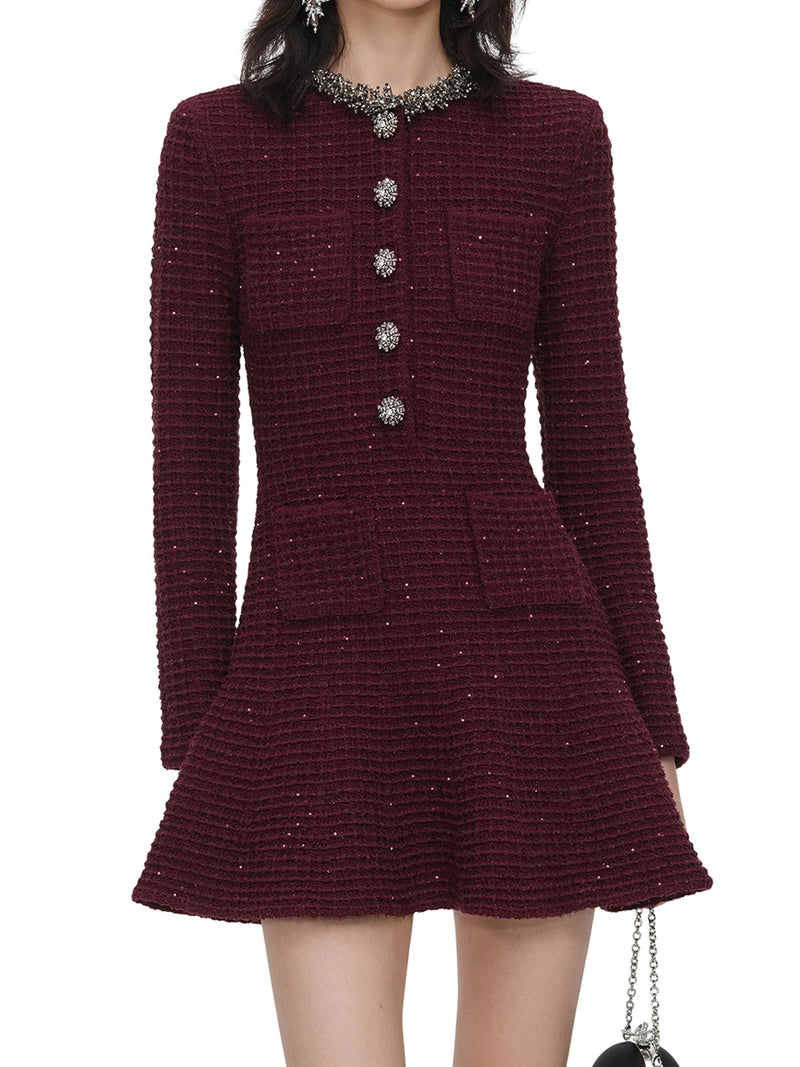 BORDEAUX KNITTED MINI-DRESS WITH EMBELLISHMENTS