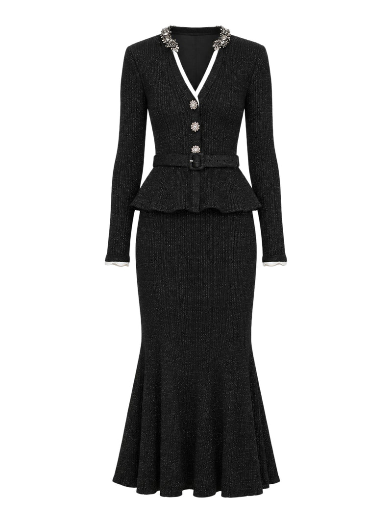 BLACK RIBBED KNIT MIDI DRESS WITH LUREX