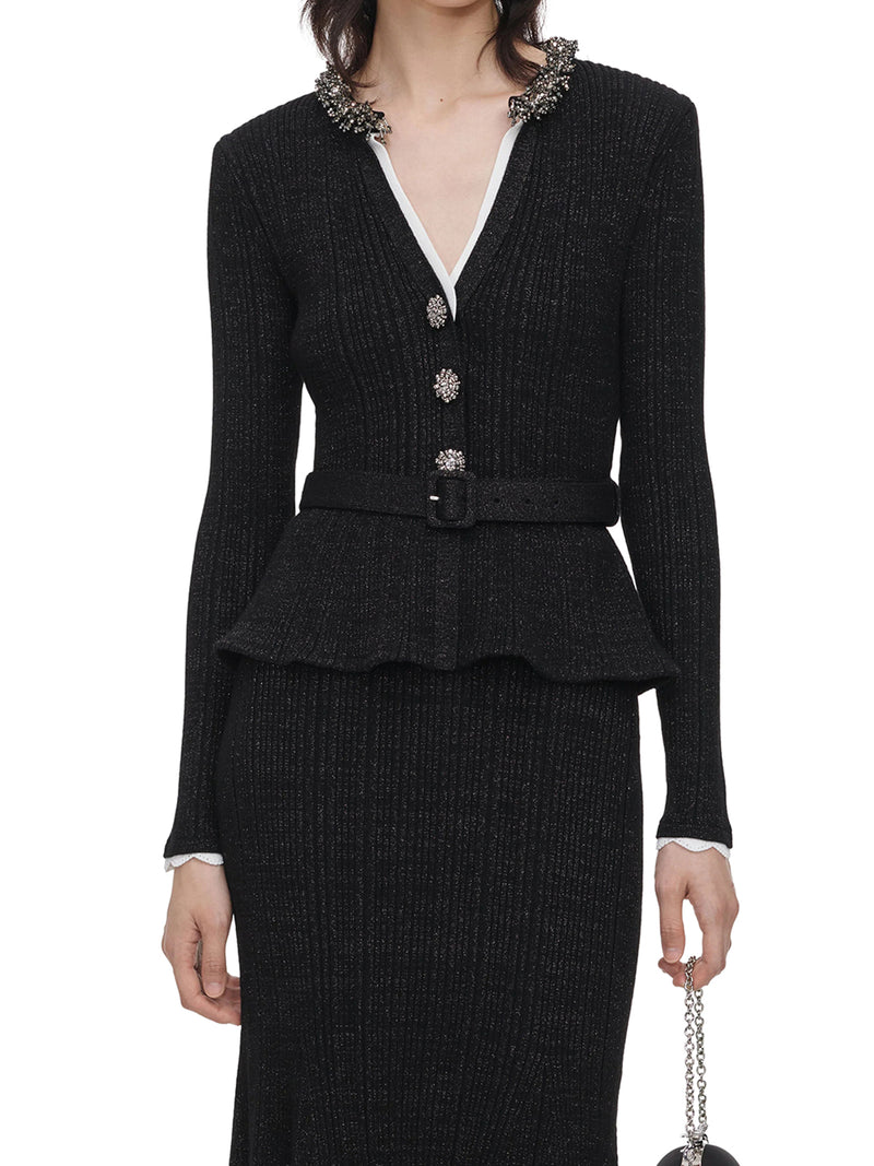 BLACK RIBBED KNIT MIDI DRESS WITH LUREX