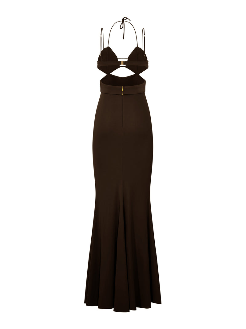 LONG DRESS WITH CRYSTAL-EMBELLISHED CUPS AND CUT-OUT DETAILS