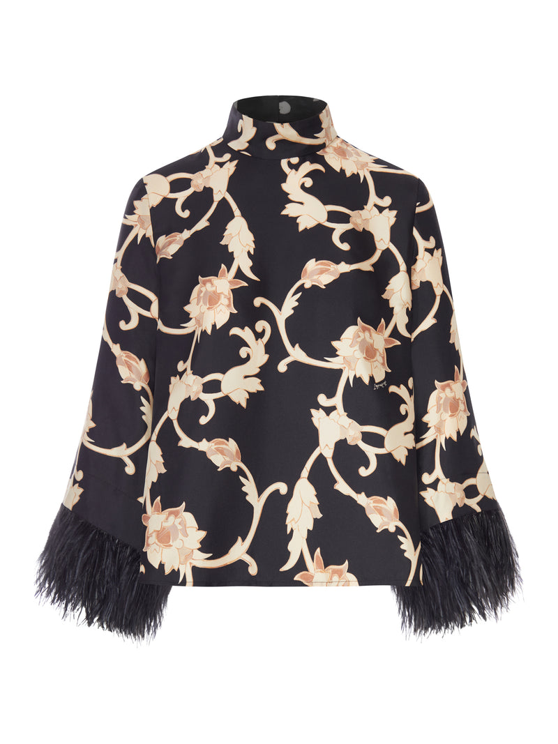 PRINTED BLOUSE WITH HIGH COLLAR AND FEATHER CUFFS
