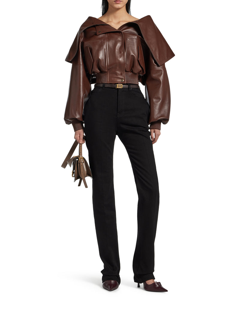 WRAP-STYLE LEATHER BLOUSON WITH A WIDE COLLAR