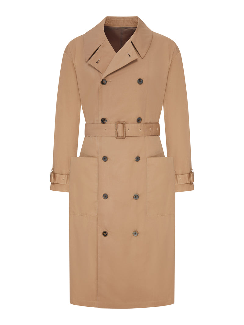 DOUBLE-BREASTED COTTON TRENCH COAT WITH WAX FINISH AND BELT