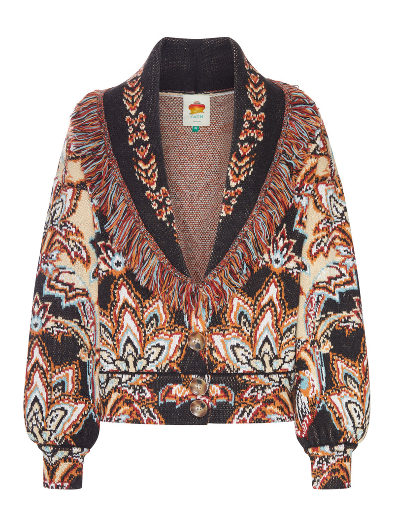 FRINGED JACQUARD CARDIGAN