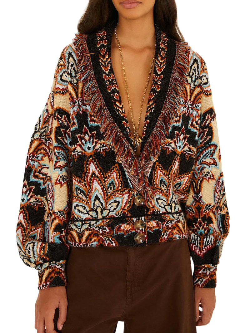 FRINGED JACQUARD CARDIGAN