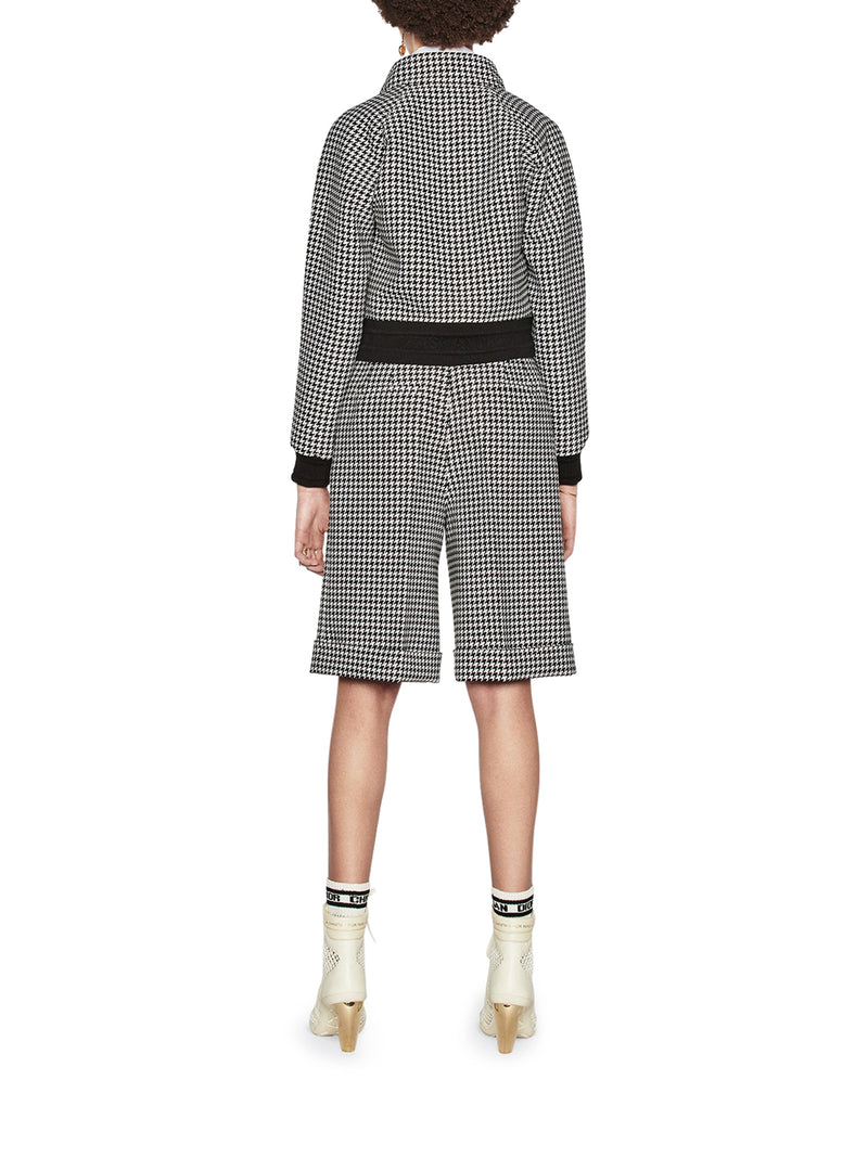 BERMUDA in black and white wool and silk Twill with micro houndstooth motif