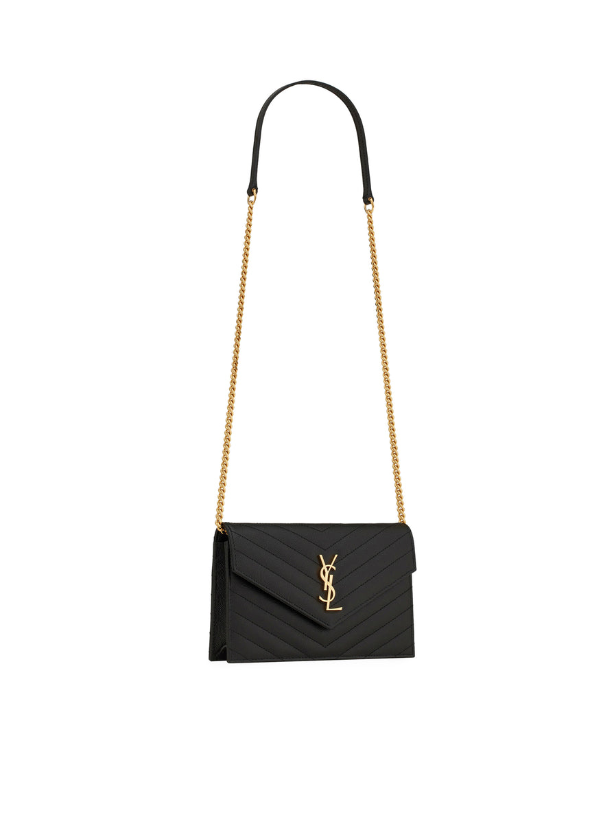 Saint Laurent Black Matelassé Grain De Poudre Cassandre Envelope Chain  Wallet, myGemma