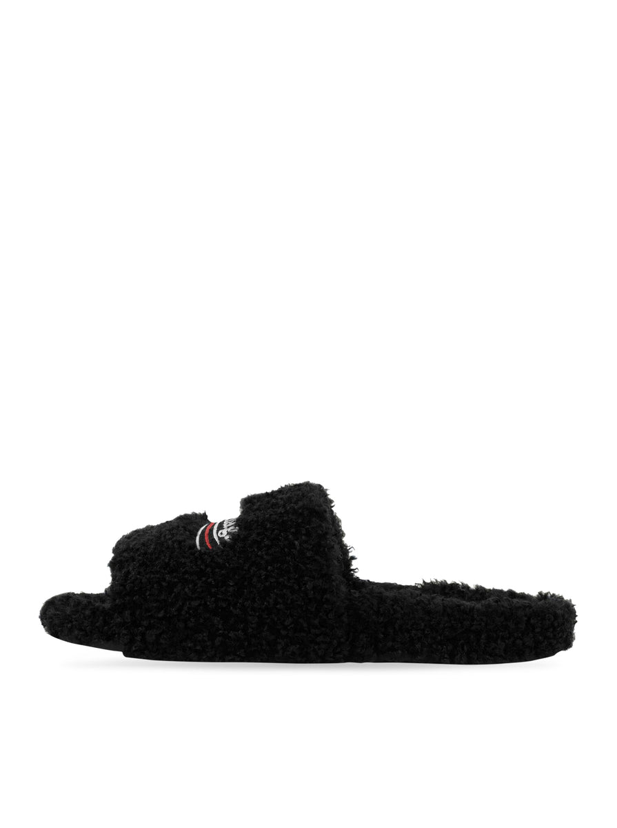 Balenciaga Women's Furry Slide Sandal Allover Logo - Black - Flat Sandals