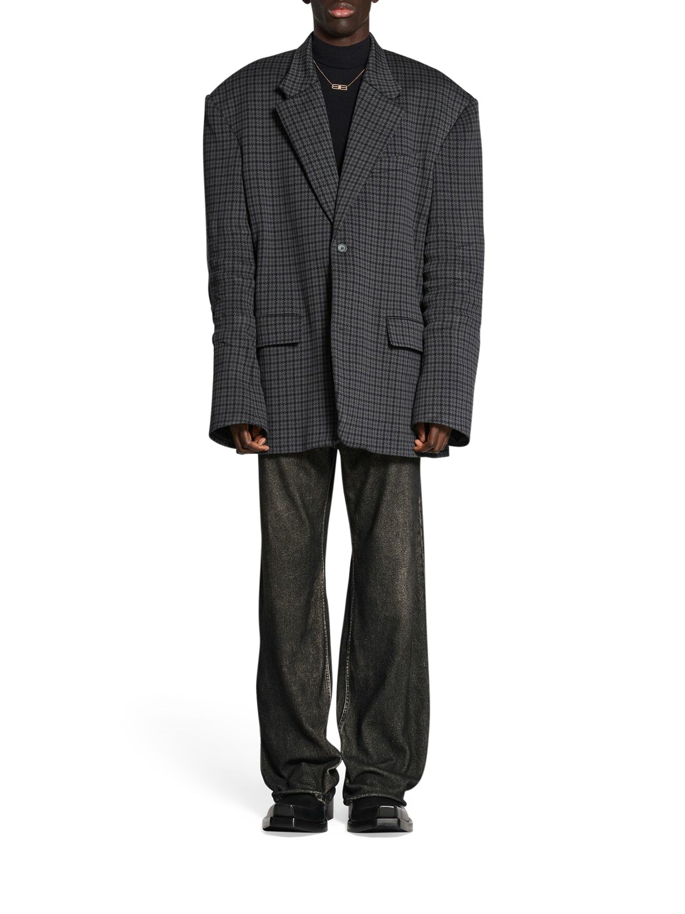 Tailored knit jacket with gray houndstooth pattern
