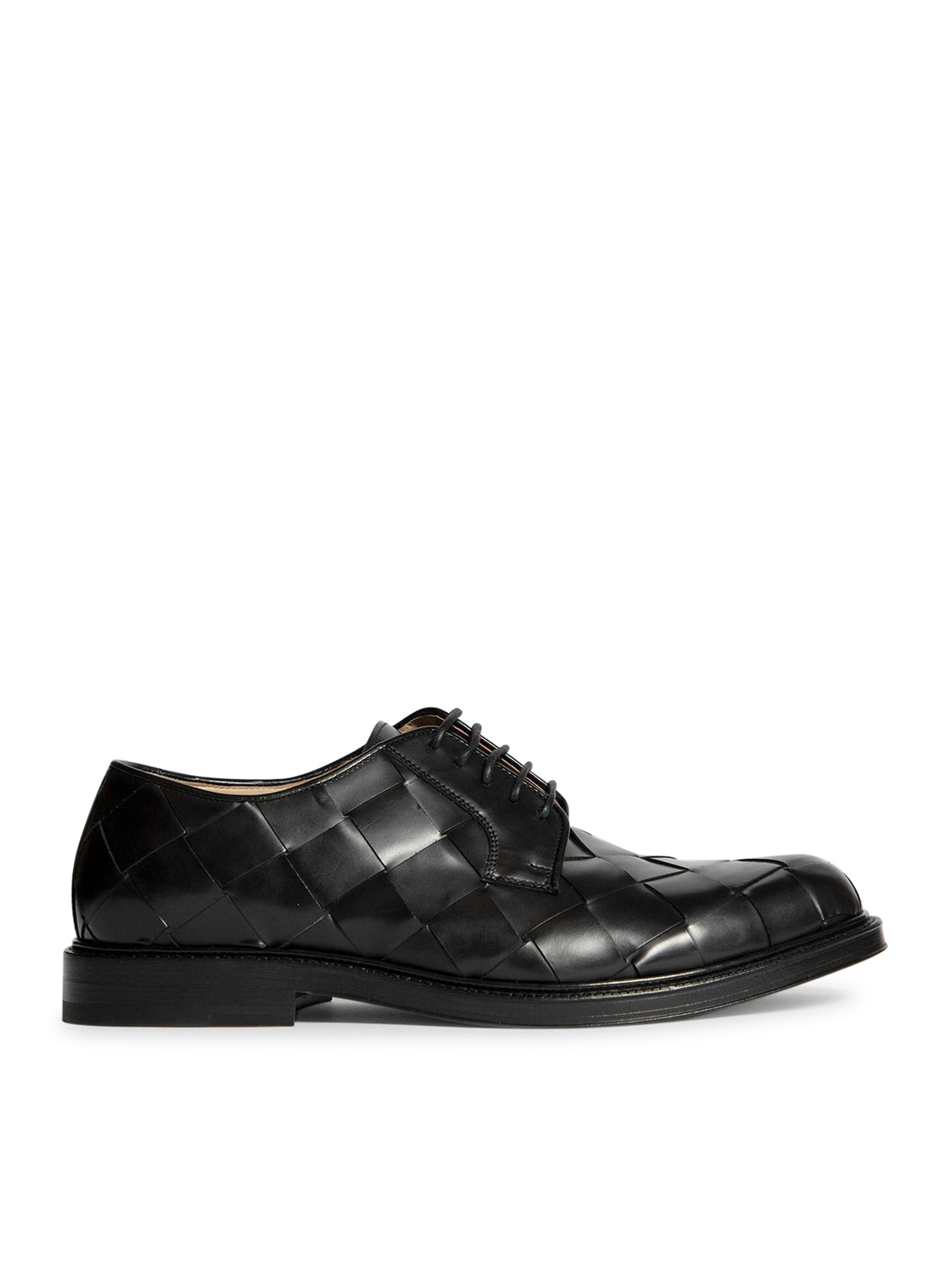 Bottega veneta men`s black woven leather lace-up shoes in classic calfskin