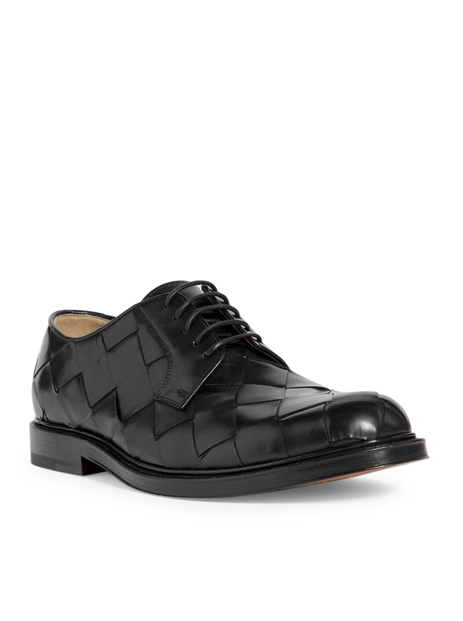 Bottega veneta men`s black woven leather lace-up shoes in classic calfskin