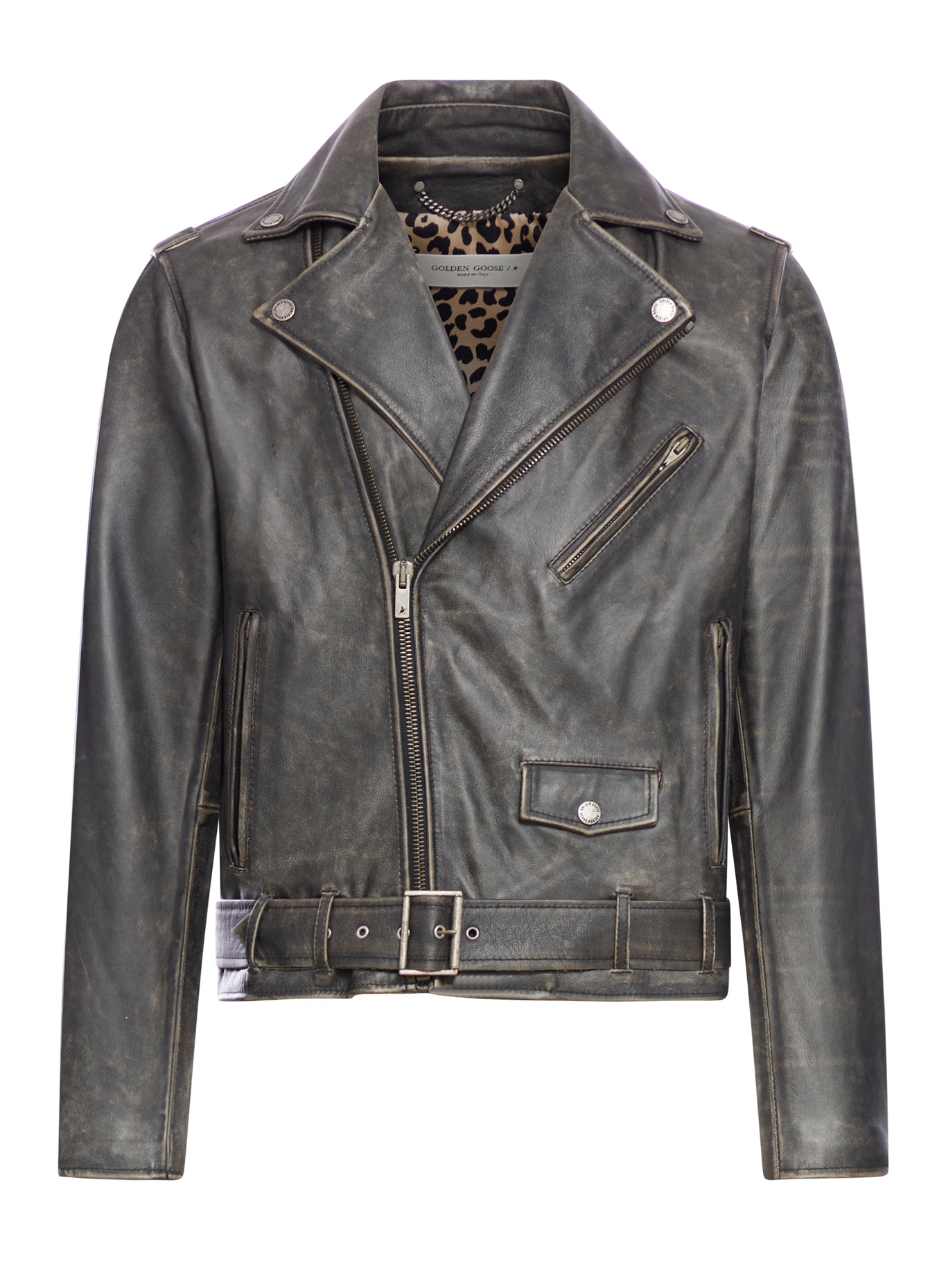 Golden collection leather jacket with distressed treatment