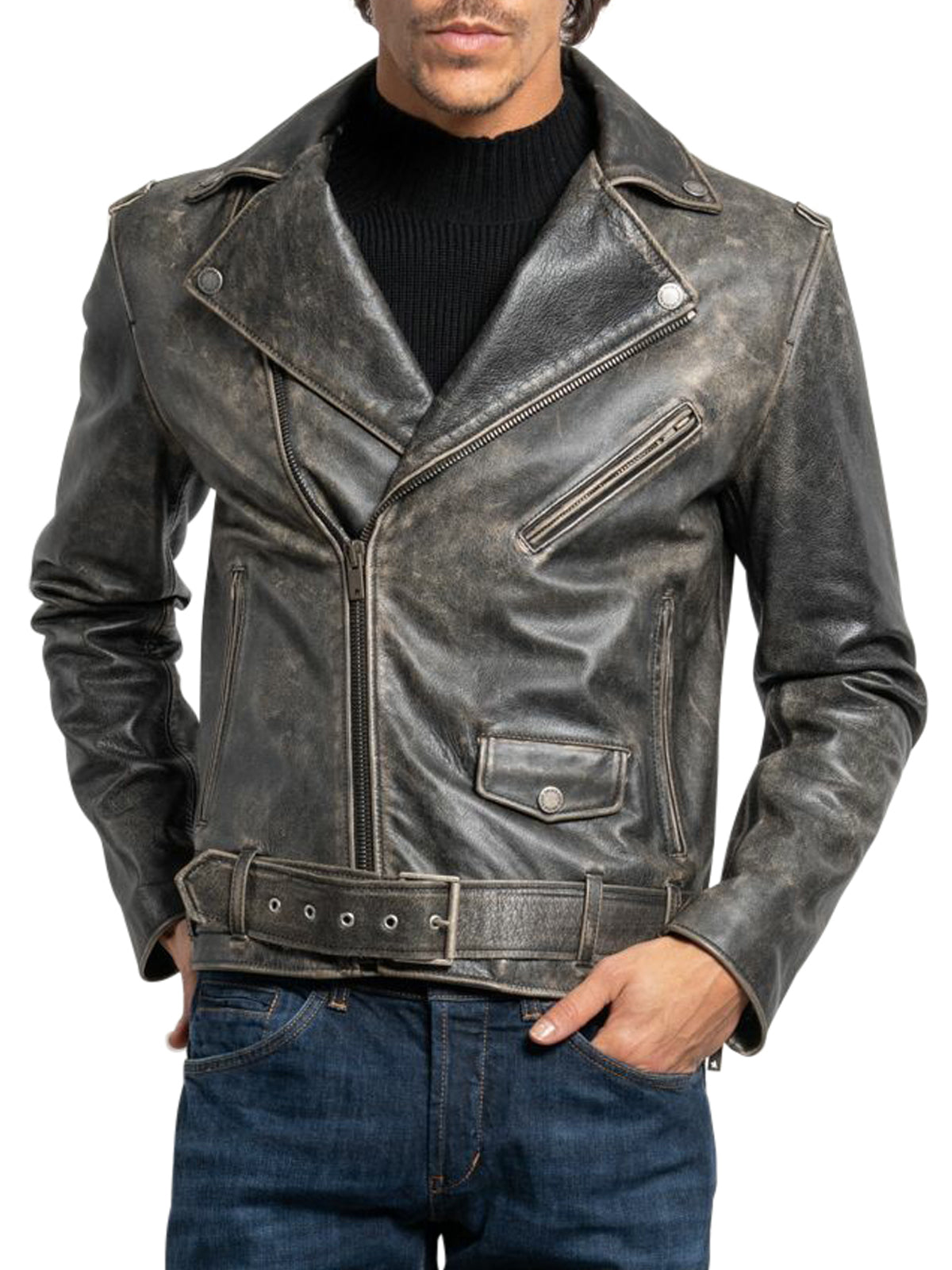 Golden collection leather jacket with distressed treatment