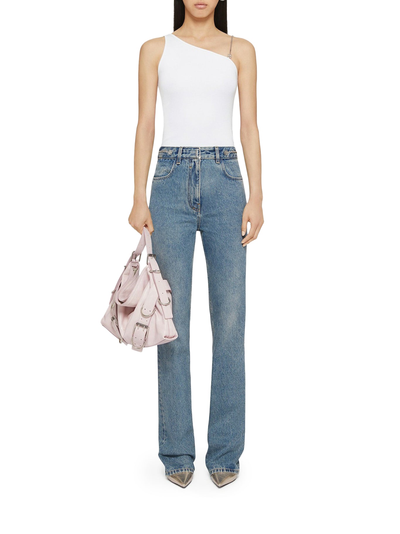 boot cut denim trousers with chains