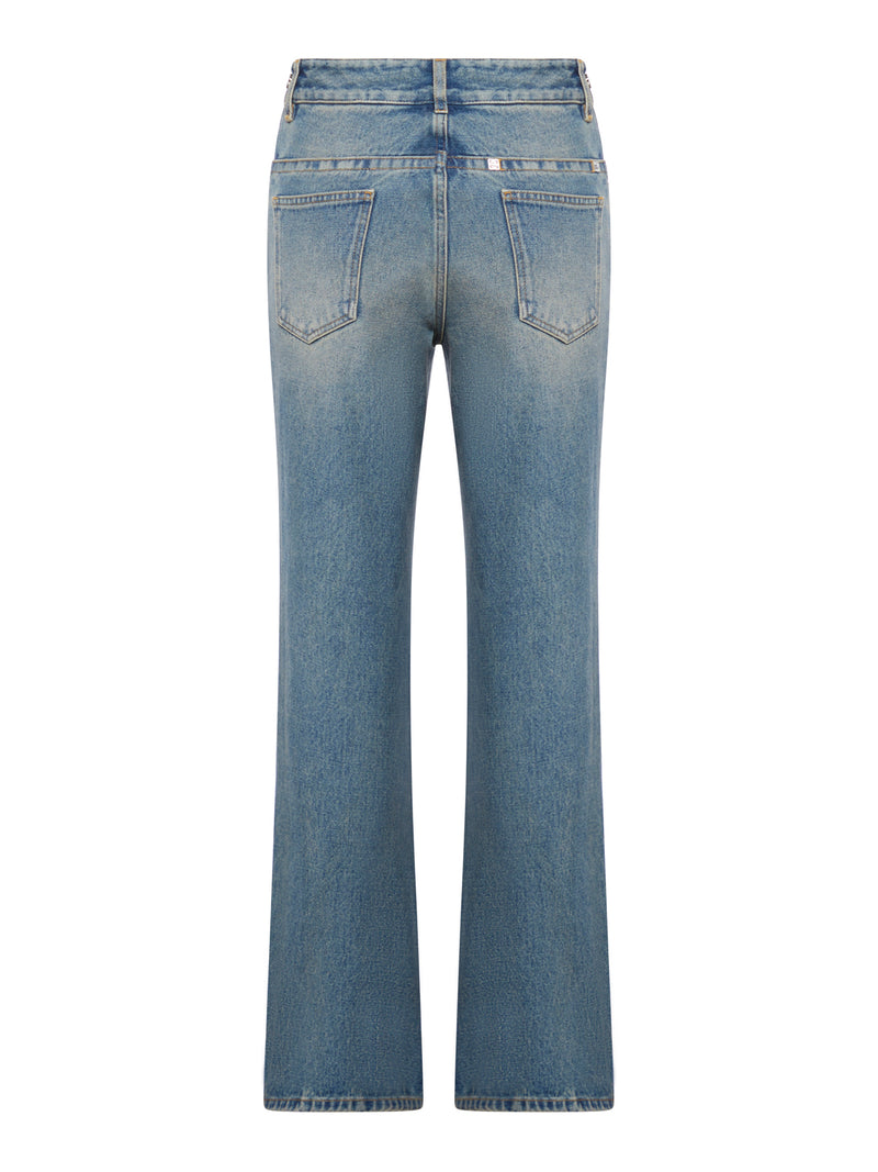 boot cut denim trousers with chains