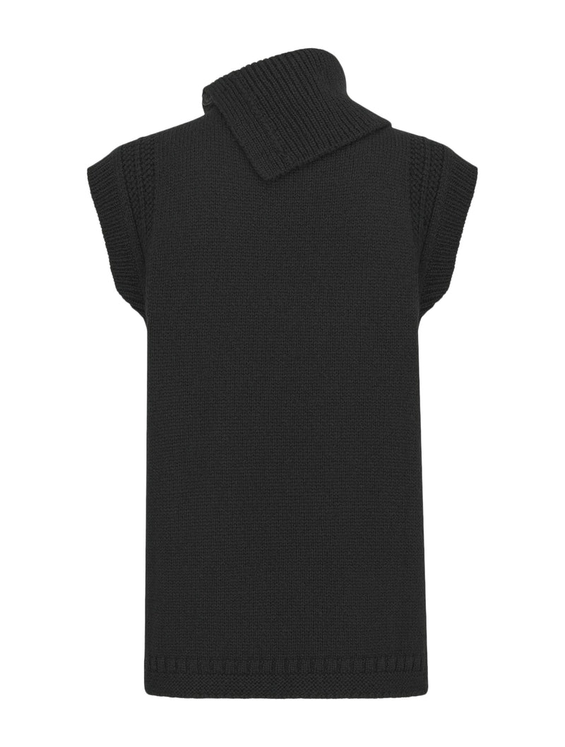 Sleeveless sweater with stand collar