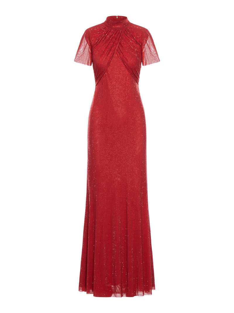 Red Rhinestone Mesh Maxi Dress