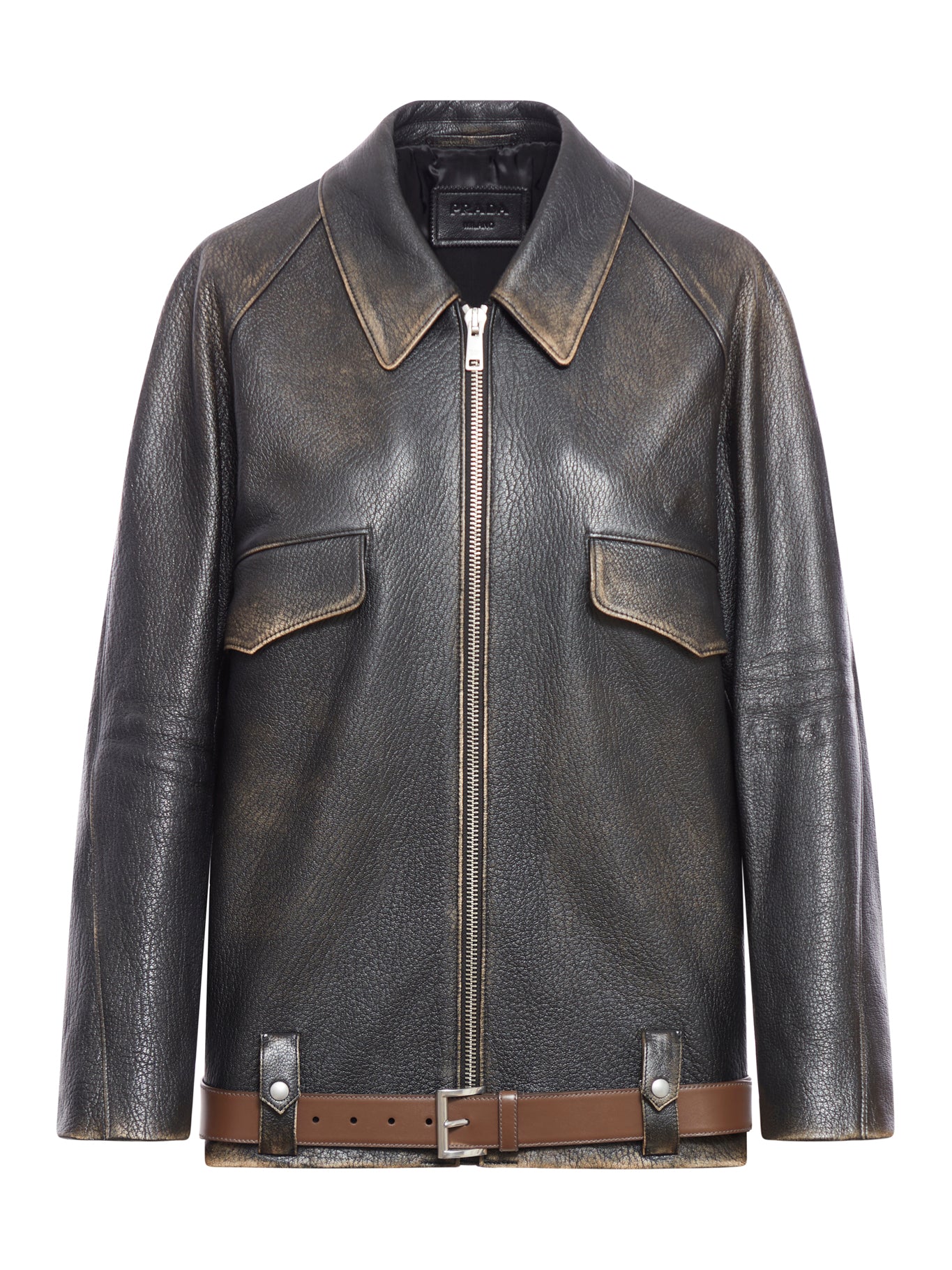 Leather blouson with belt