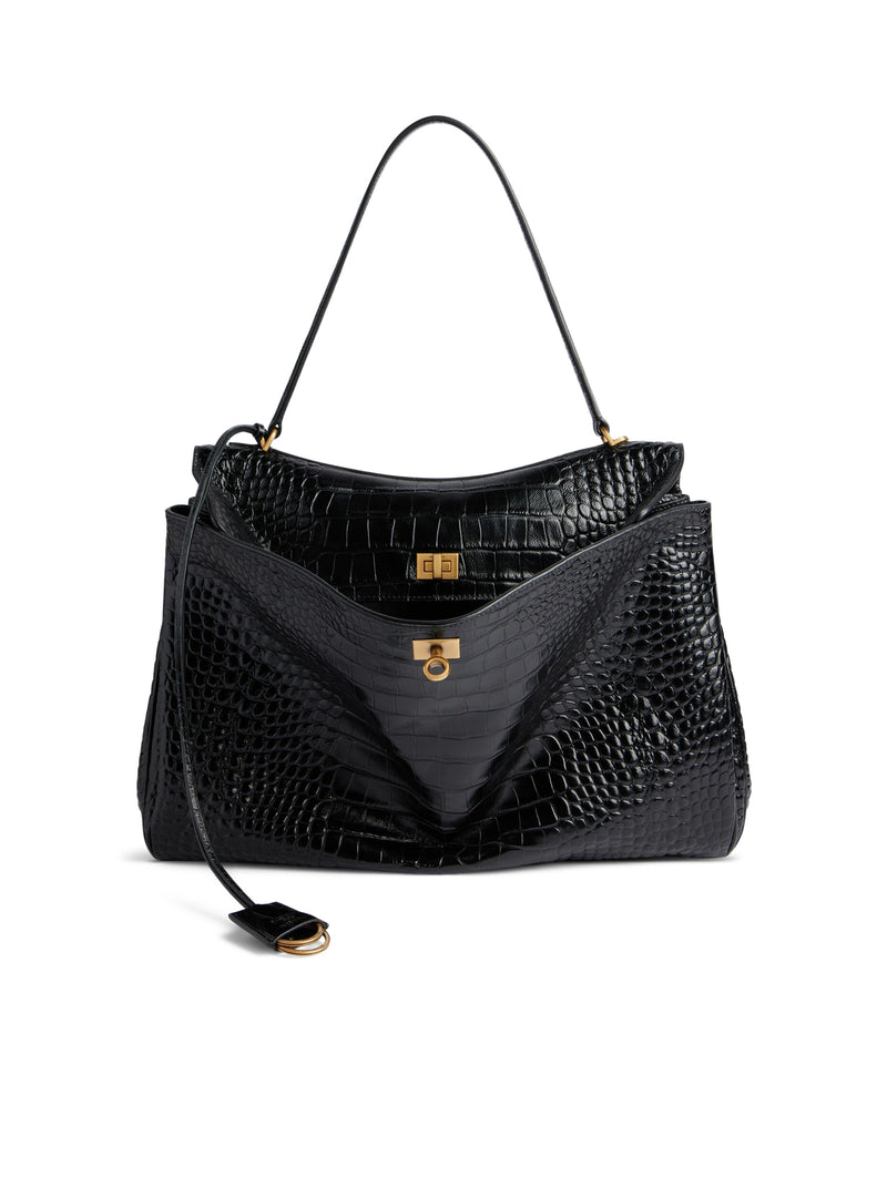 WOMEN`S MEDIUM RODEO CROCODILE EMBOSSED BAG IN BLACK