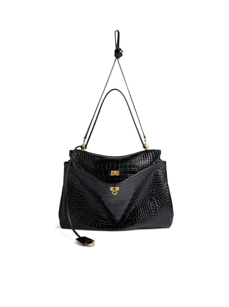 WOMEN`S MEDIUM RODEO CROCODILE EMBOSSED BAG IN BLACK