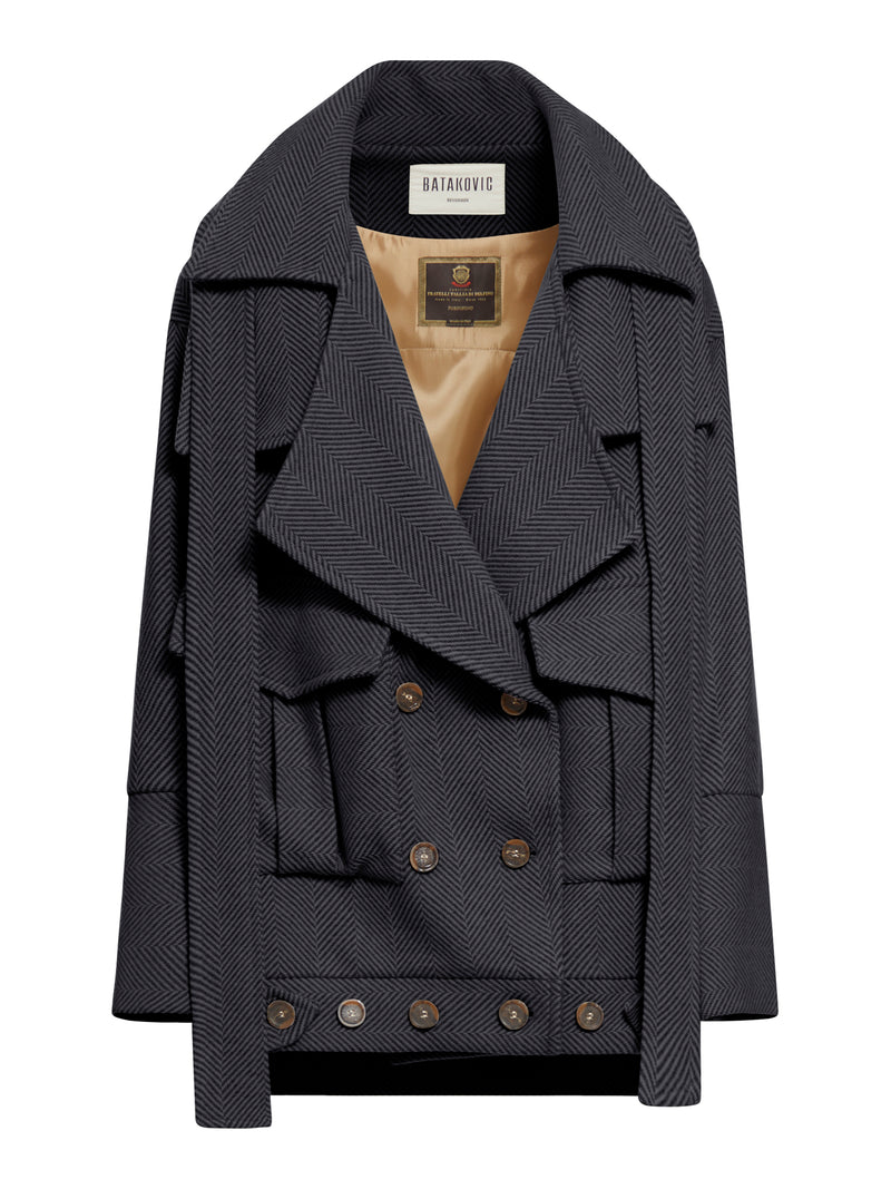 asymmetric coat in herringbone fabric