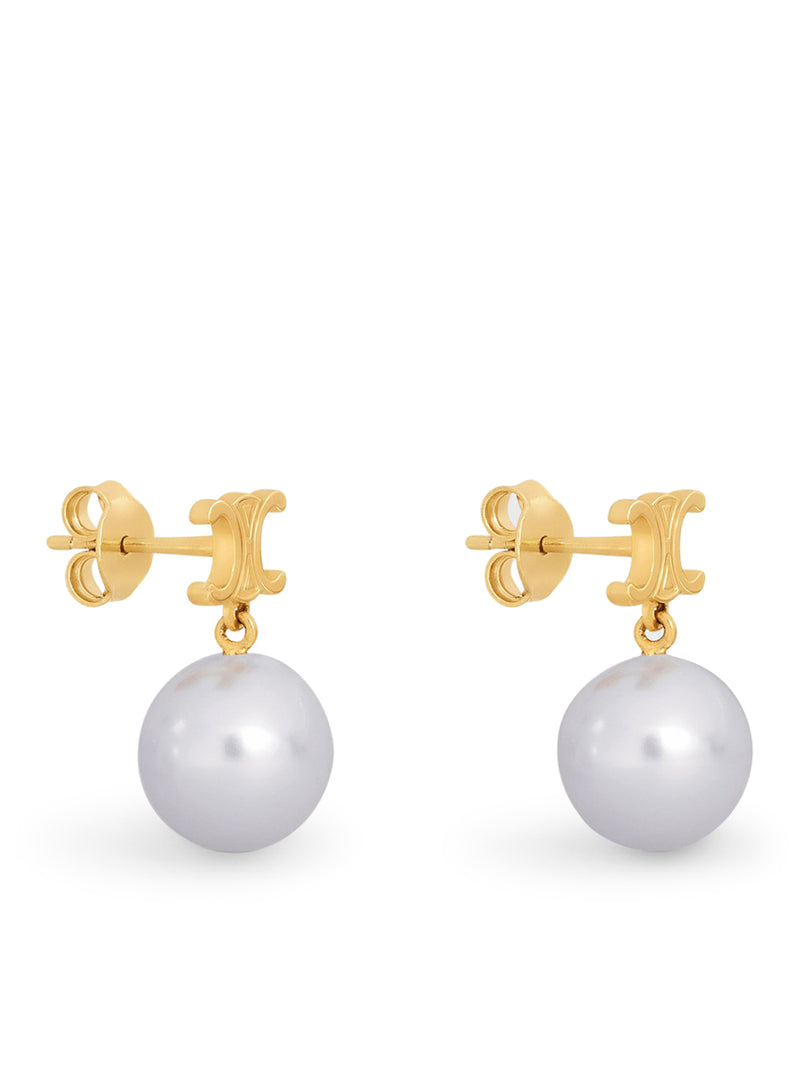 EARRINGS WITH TRIOMPHE PEARLS IN GOLD FINISH BRASS AND GOLD / IVORY GLASS PEARLS