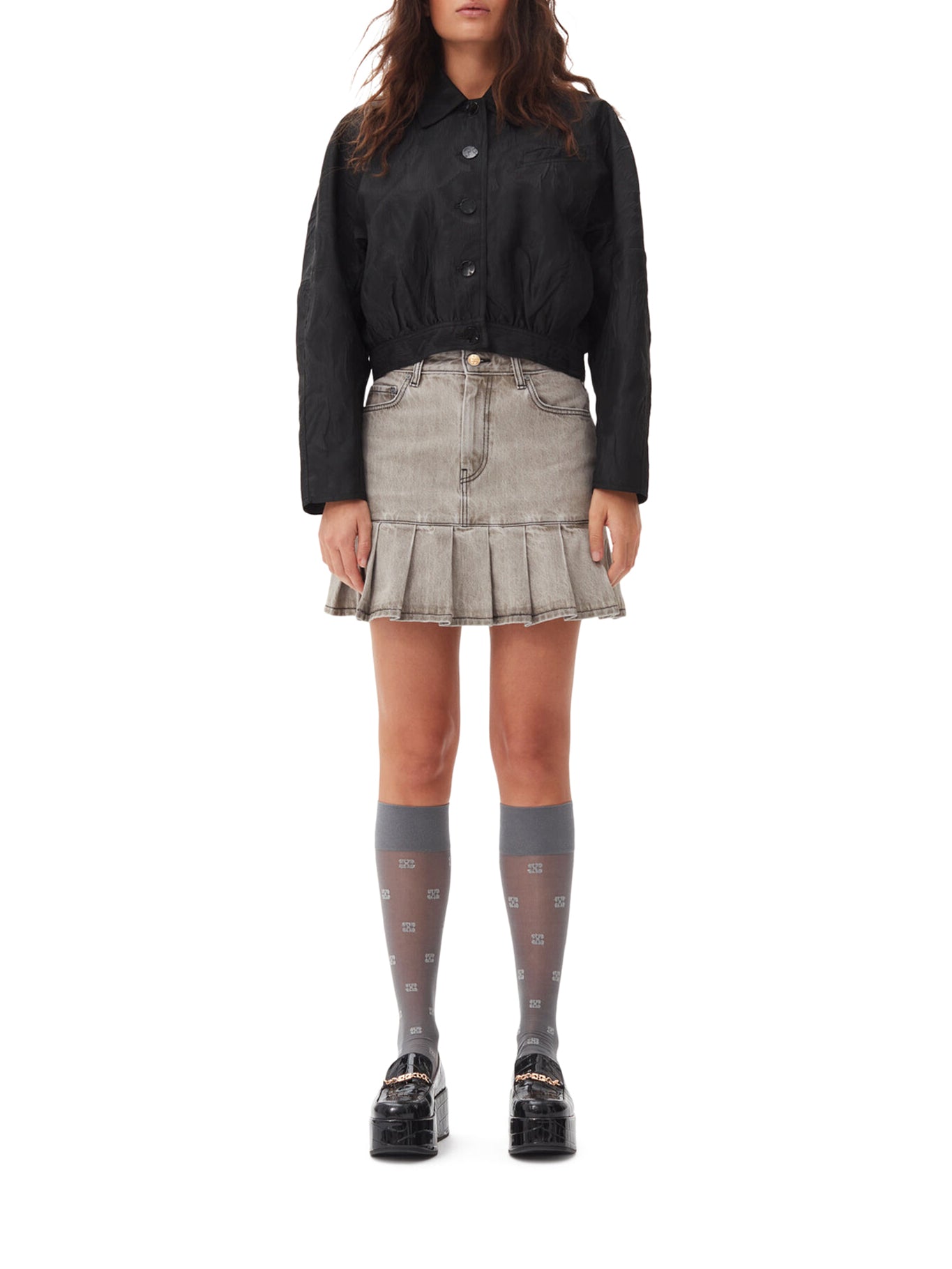 GREY FUTURE DENIM PLEATED MINI SKIRT