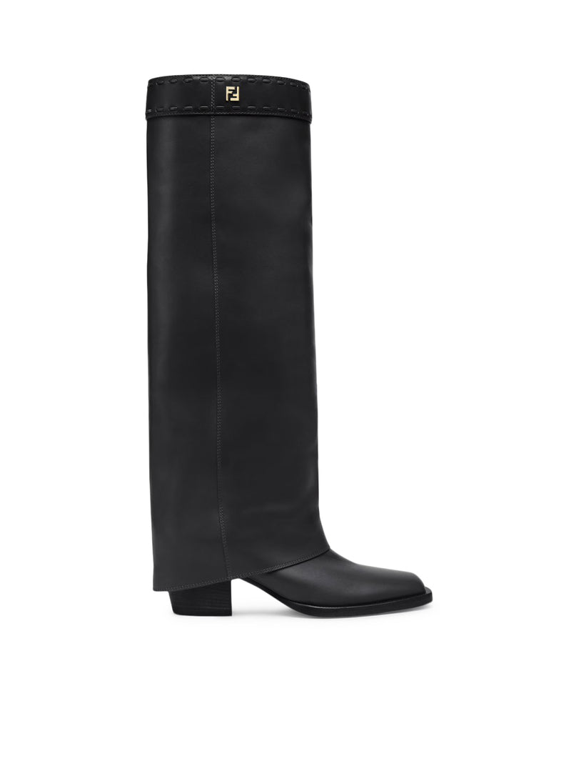 Black leather high-heeled boot