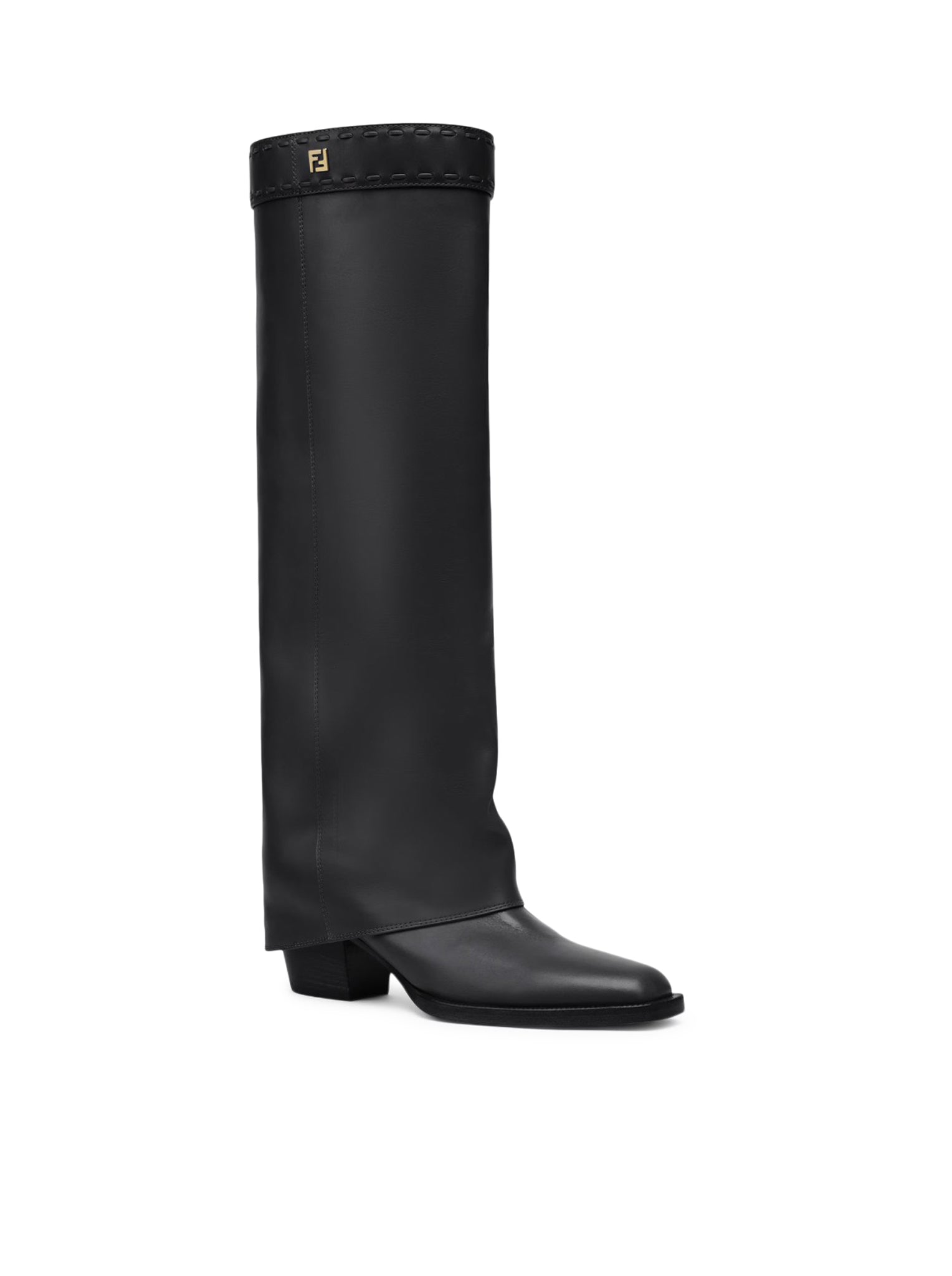 Black leather high-heeled boot