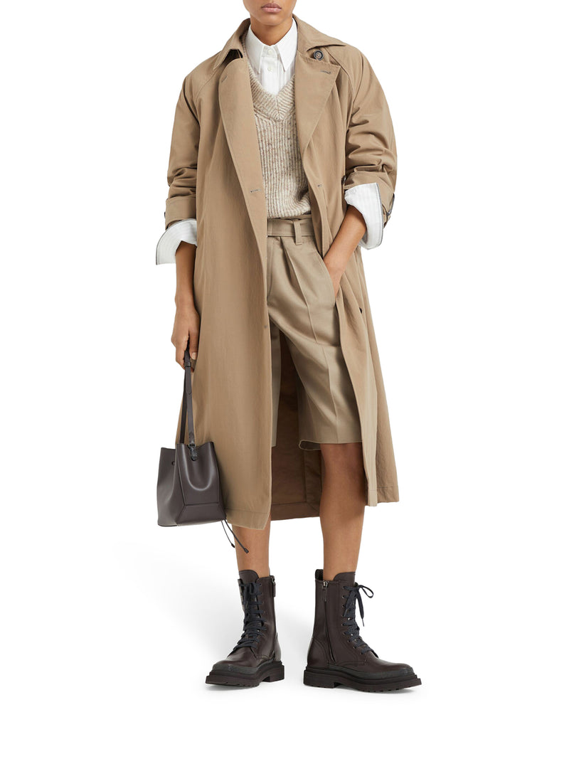 Techno canvas trench coat with shiny details on the cuffs