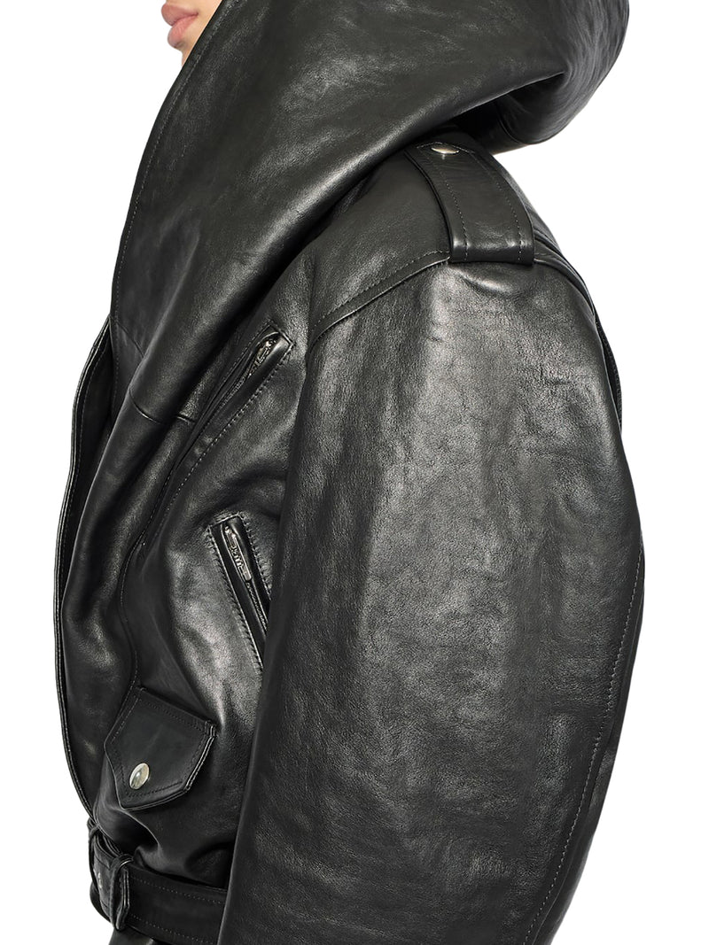 HOODED BIKER JACKET IN PATINATED NAPPA LEATHER