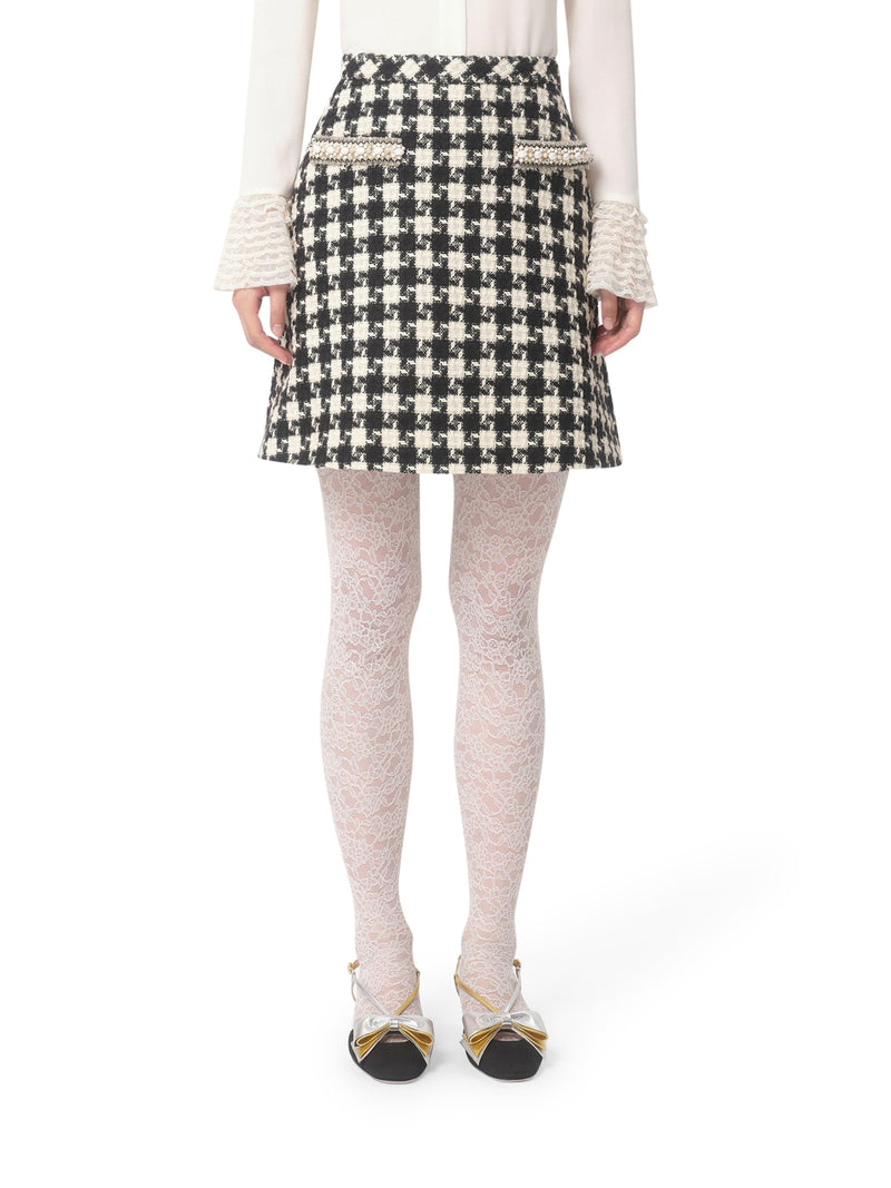 EMBROIDERED DAMIER LIGHT TWEED SKIRT