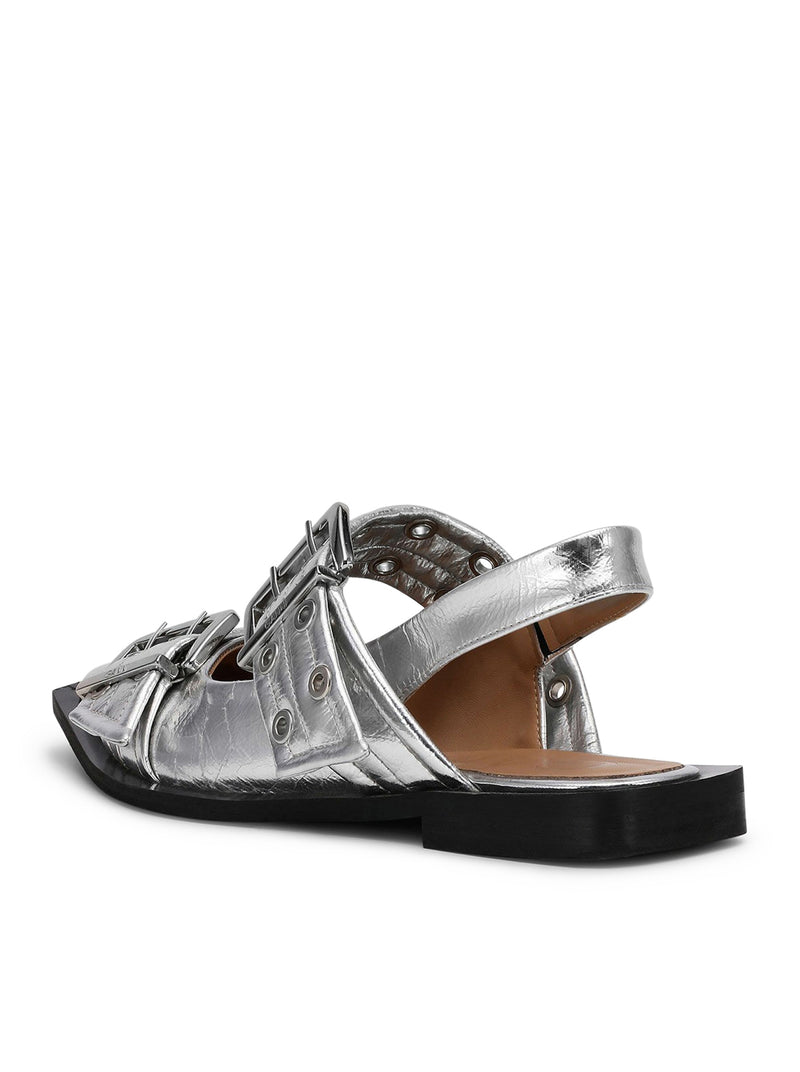 SILVER METALLIC FEMININE BUCKLE BALLERINAS