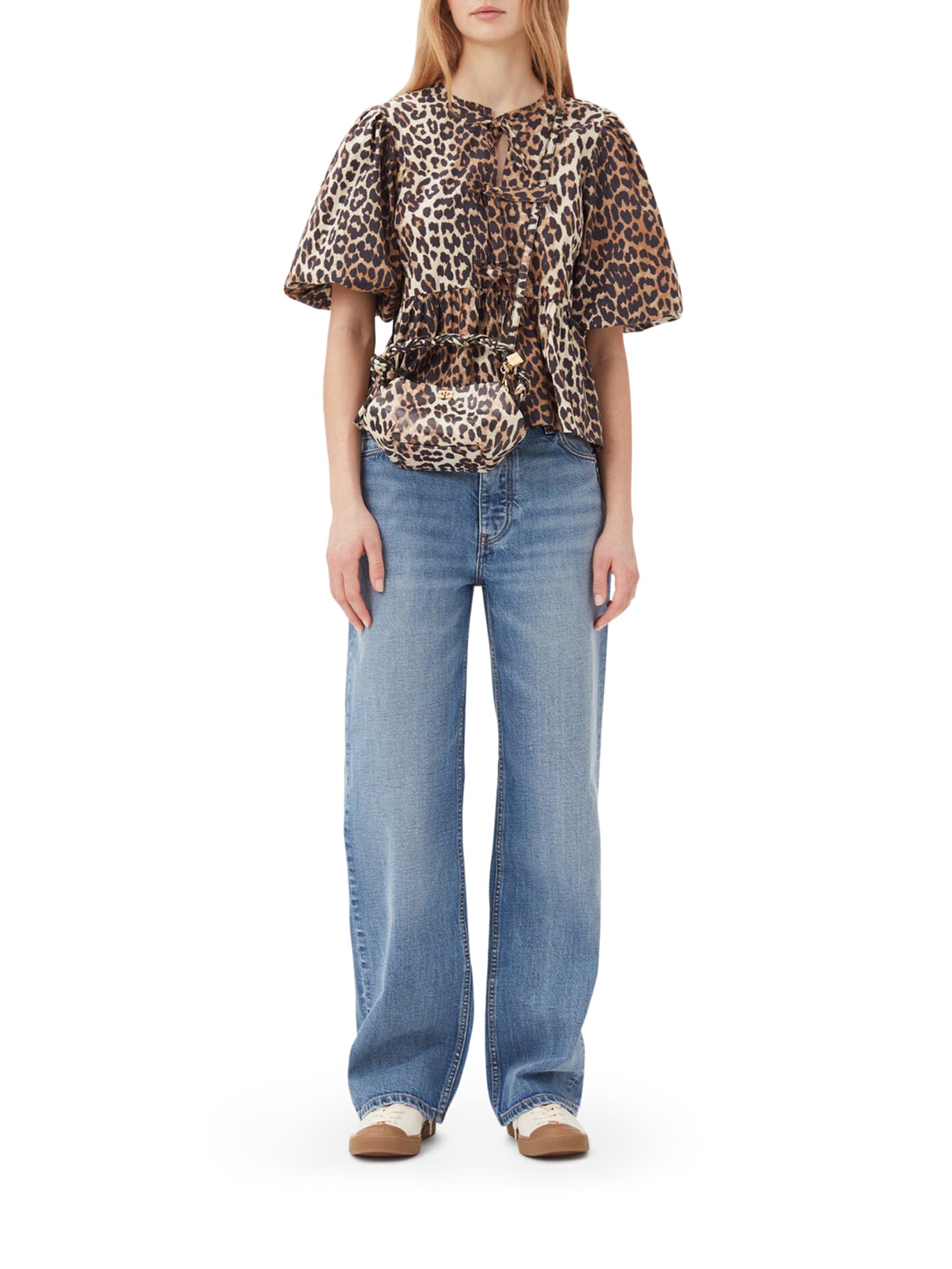 LEOPARD COTTON POPLIN PEPLUM TIE BLOUSE