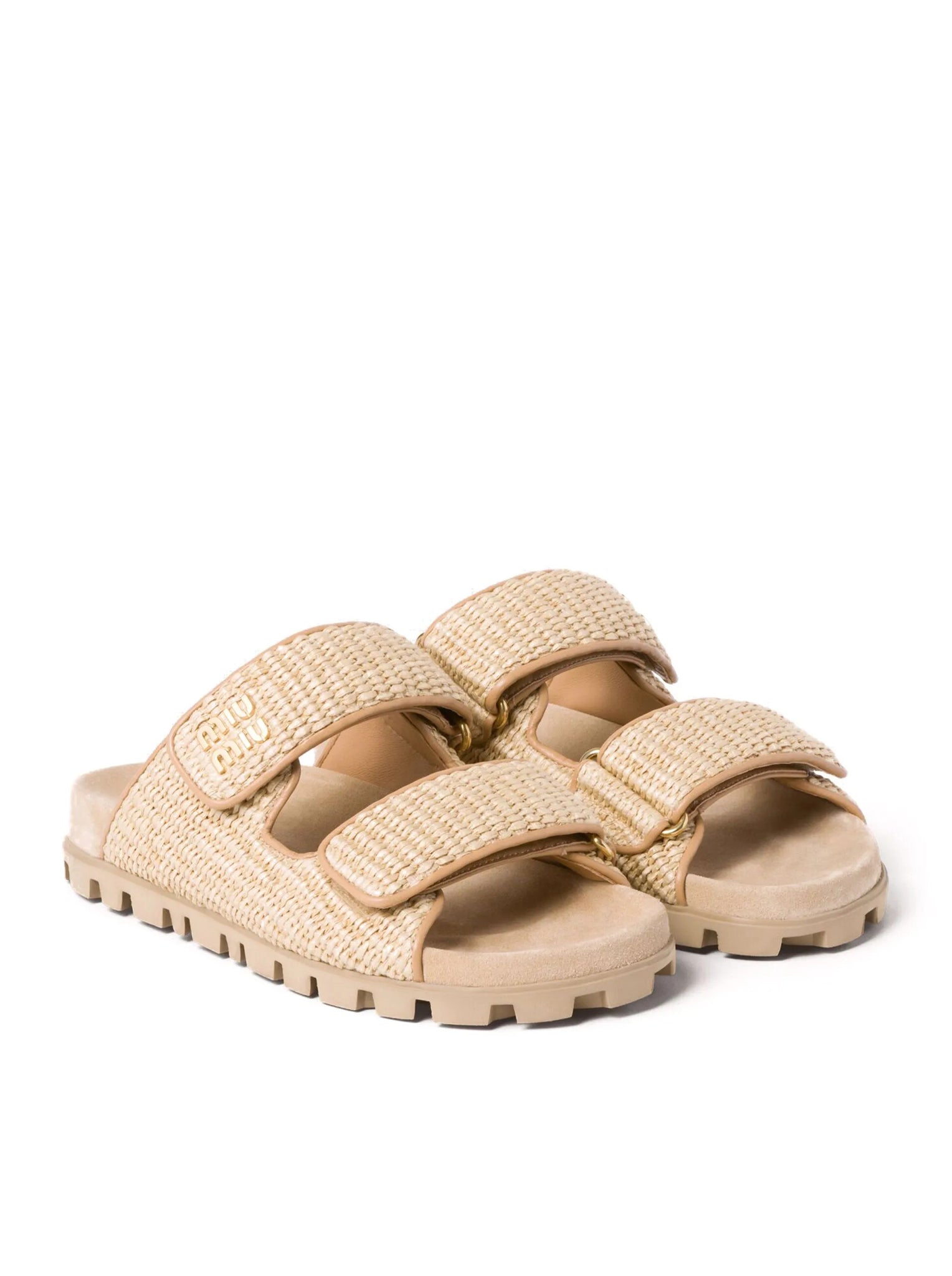 MIUMIU GOLD LOGO RAFFIA SANDALS