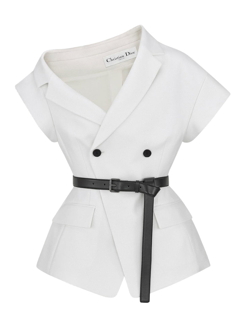 Asymmetrical short-sleeved jacket with belt