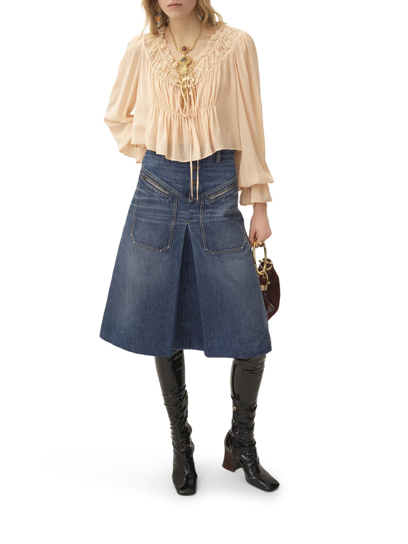 FADED DENIM MIDI SKIRT