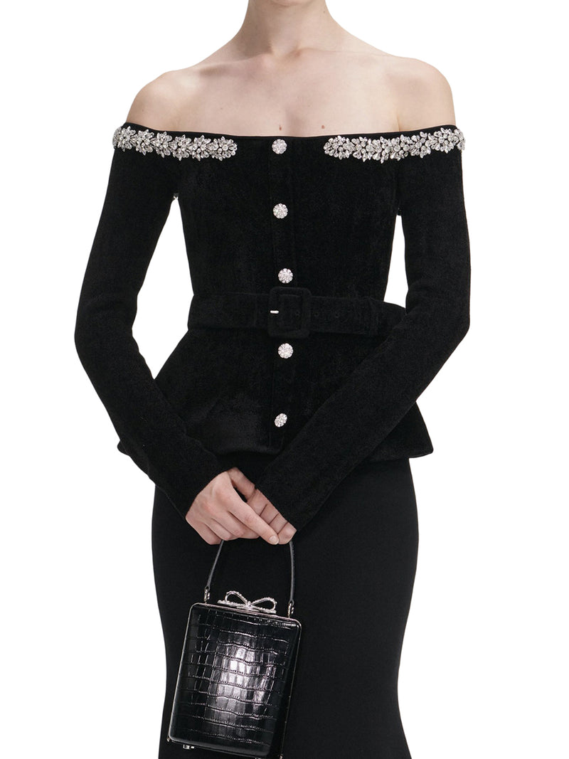 BLACK CHENILLE KNIT CRYSTAL TRIM MIDI DRESS