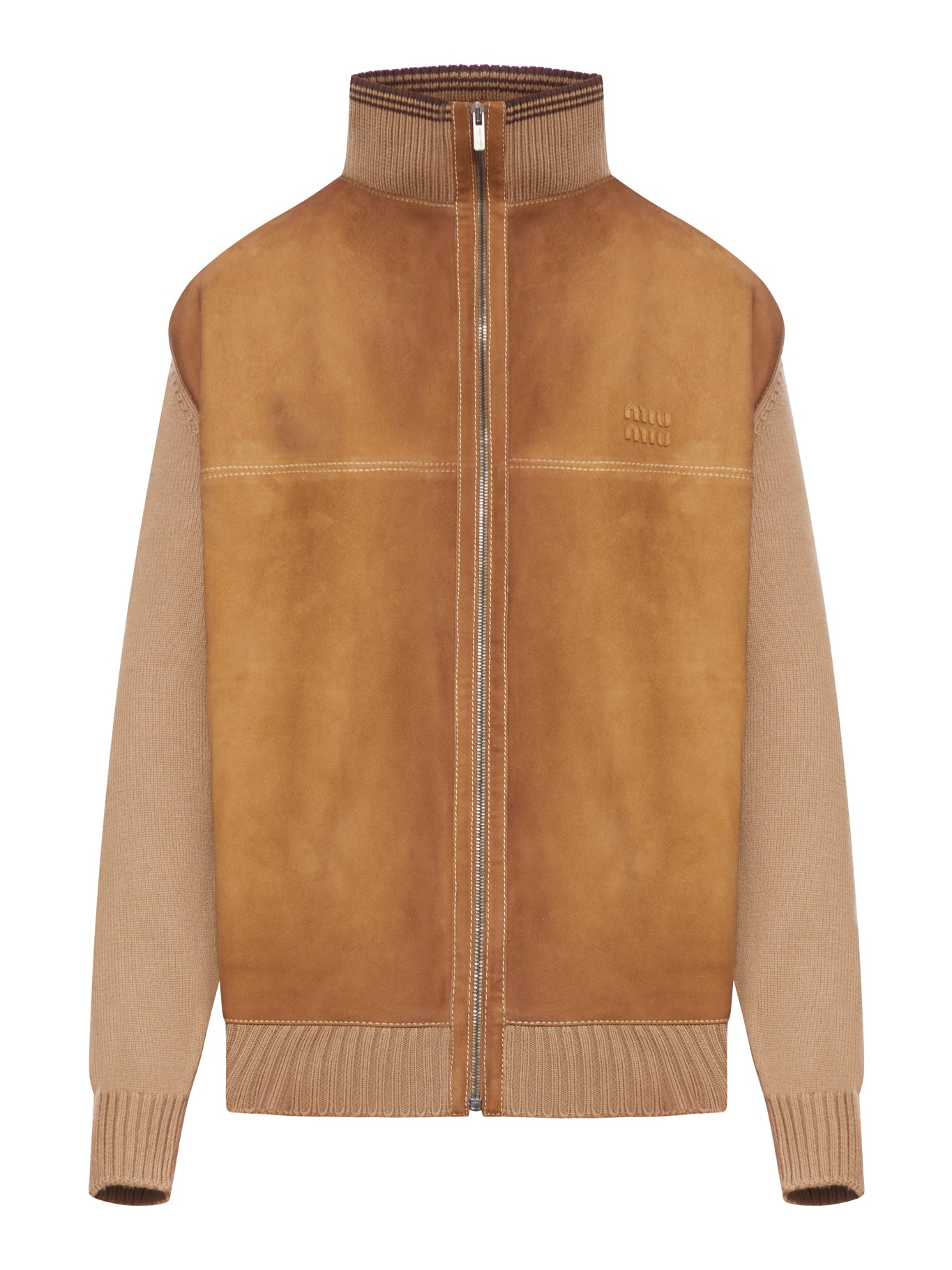 WOOL AND LEATHER CARDIGAN WITH ZIP