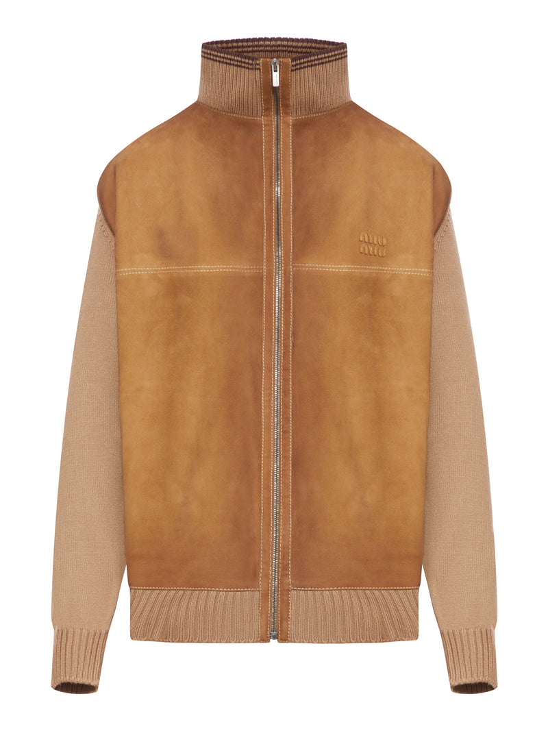 WOOL AND LEATHER CARDIGAN WITH ZIP