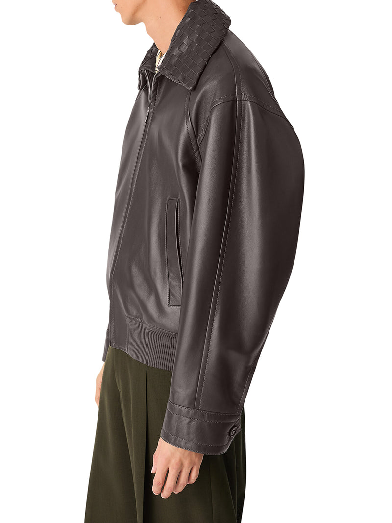 LEATHER JACKET WITH WOVEN COLLAR
