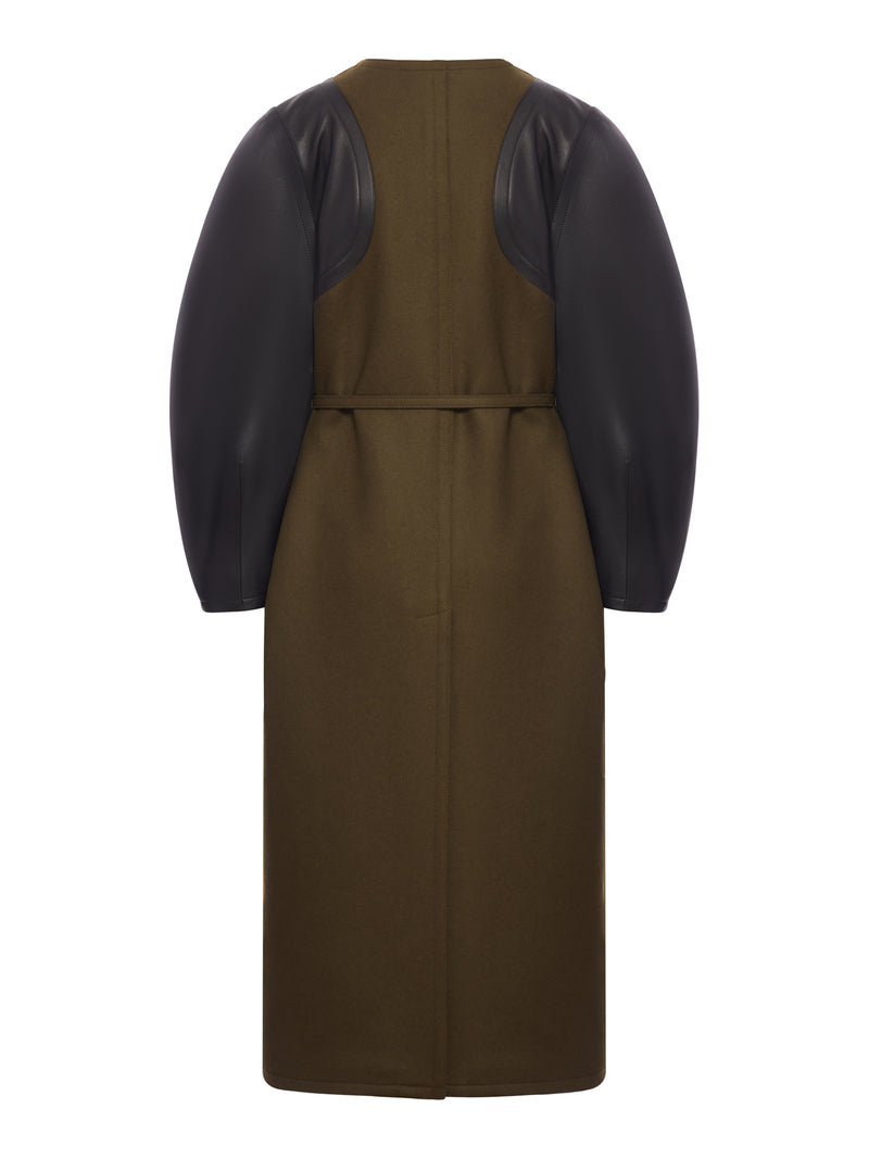 GREEN WOOL AND LEATHER COAT