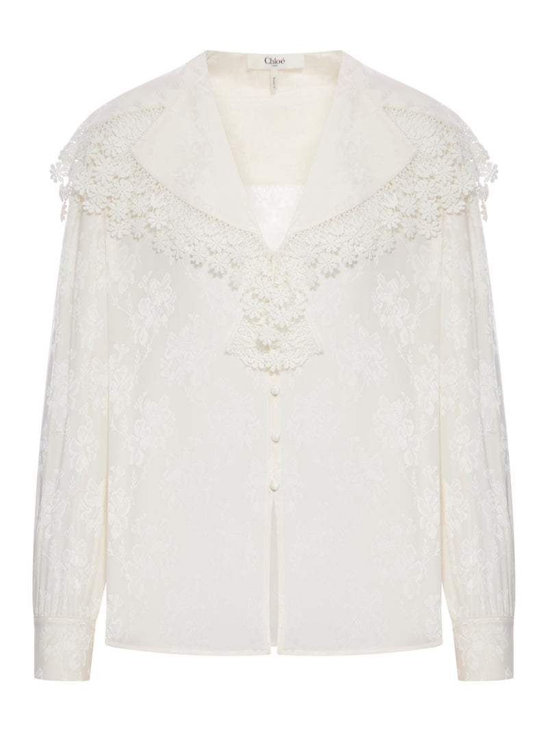 BLOUSE WITH MAXI COLLAR IN SILK JACQUARD AND LACE